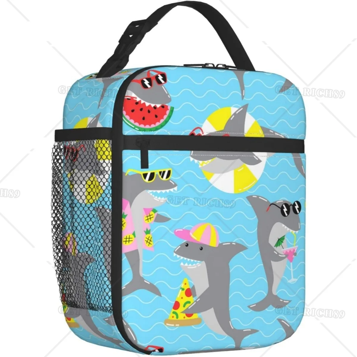 Sea Animals Cool Shark indossando occhiali da sole Lunch Bag coibentato Lunch Box per donna uomo borsa termica riutilizzabile per il pranzo per