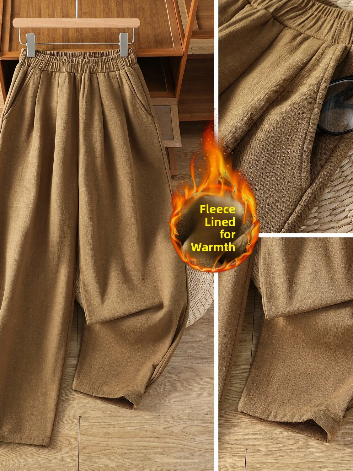 따뜻한 안감의 면 린넨 슬림핏 하이웨이스트 하란 팬츠 여성 겨울용 신축성 허리 슬림 캐주얼 팬츠 아우터웨어