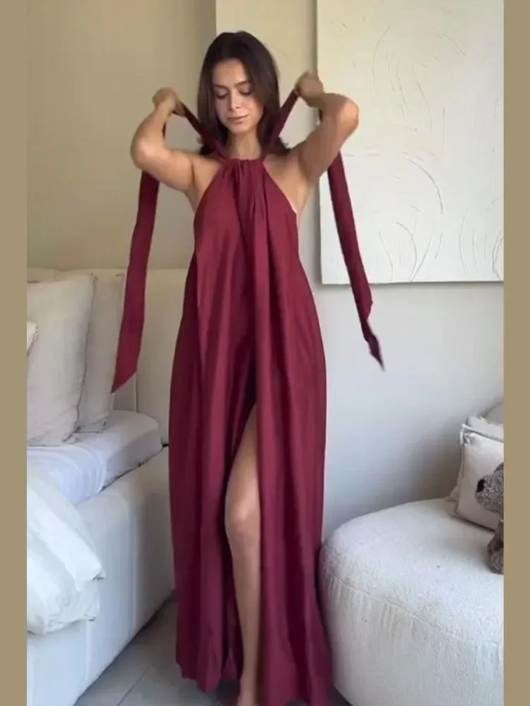 ผู้หญิง High Slit Halter SLIM FIT ชุดแฟชั่นจีบแขนกุดปิดไหล่ Backless Maxi Vestido Beach PARTY Wear