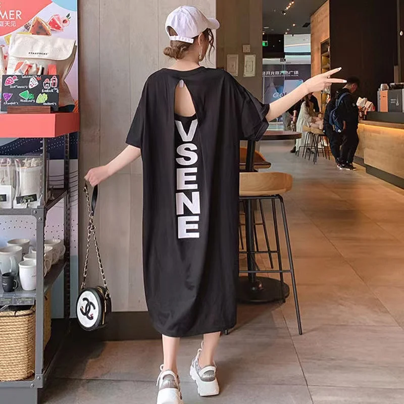 Ins Korean Casual Long T-Shirt Skirt Pajamas Girl\'s Summer Backless Loose Oversized Short-sleeved Nightdress Women\'s Dresses