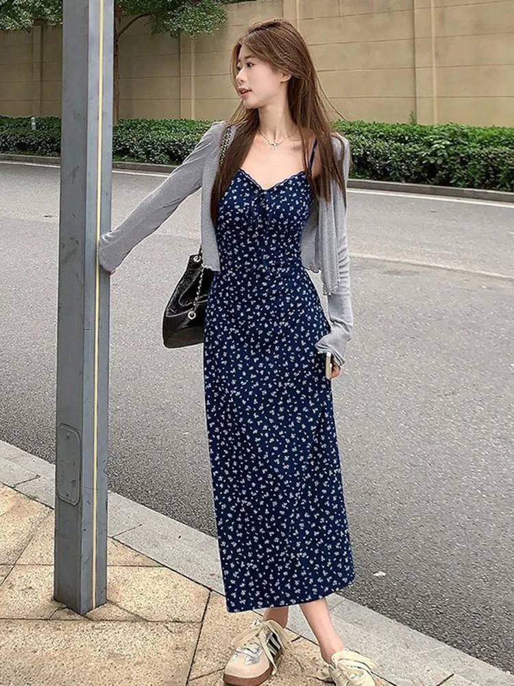 Korean Sexy Dress Sets Women Print Lace Patchwork Spaghetti Strap Dress Fashion All Match Solid Long Sleeve Top Ladies Two Piece