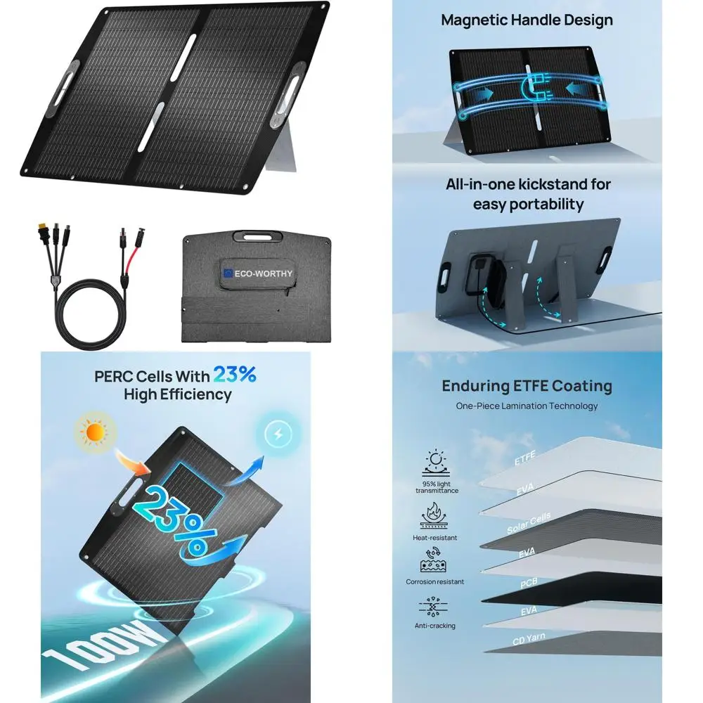 

Портативная солнечная панель 100 Вт, водонепроницаемая IP65, легкая, с регулируемой подставкой, КПД 23%, для кемпинга на природе и автодомов