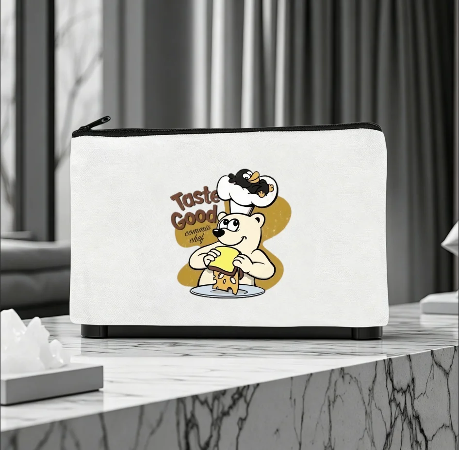 1PC Double-sided Canvas Pouch Chef Bear Penguin Zipper Cosmetic Storage Bag