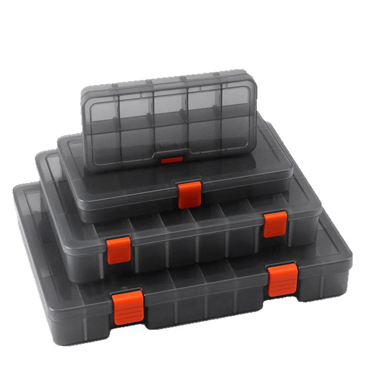 Multi-compartment parts organizer; plastic storage box for electronic components, small screws, hardware, and tools.