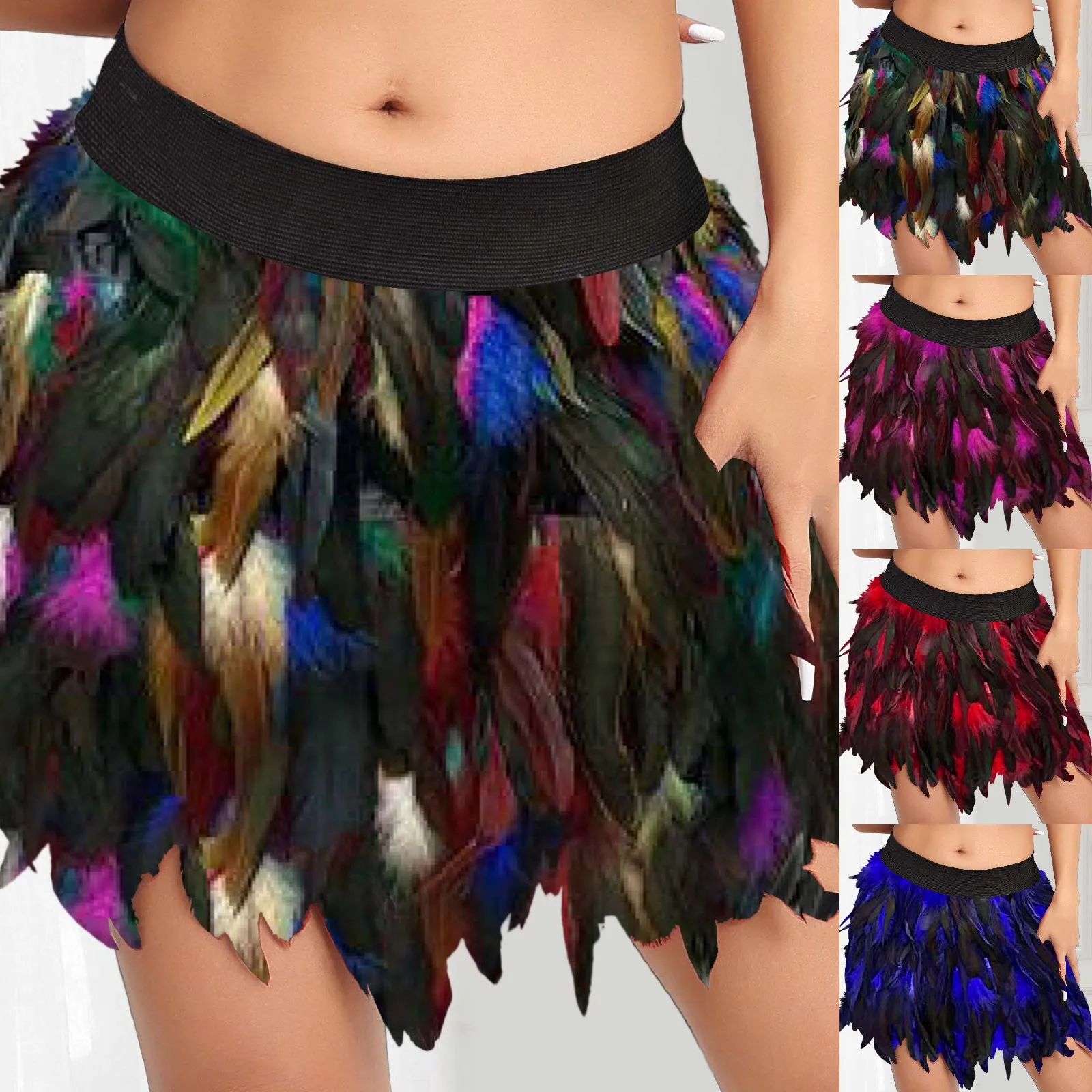 Vêtements de Performance Européenne et Américaine pour Femmes, Mini Jupe Courte, Taille Haute, en Plumes, Demi-Corps, à la Mode, Jupes Rondes sur les Hanches