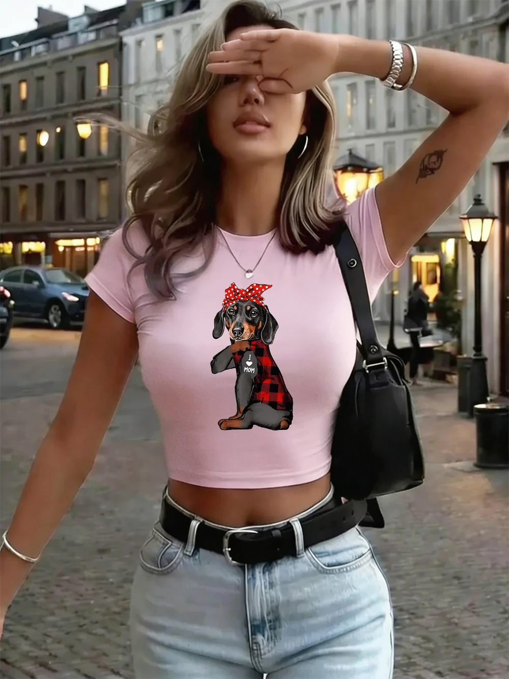 Bogen Hund Ich Liebe Mama Gedruckt Frauen Crop Tops Sommer Hohe Elastische Oansatz Streetwear Y2K Dünne T Shirts Bequeme Weiche Kleidung