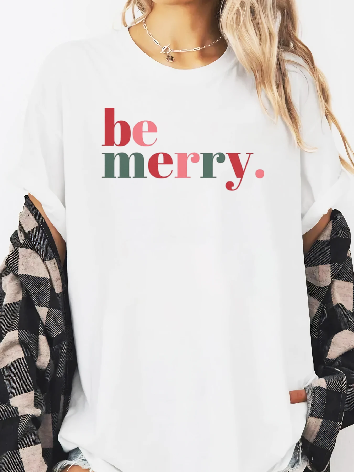 Be Merry Christmas Print Crewneck T-shirt Dames Casual vakantiekleding Wit Grote maten