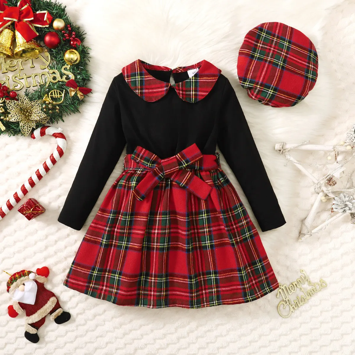 Autumn And Winter 4-7 Years Old Cool Girl Dress Long Sleeve Checkered Patchwork Top Princess Dress With Hat