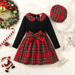 Autumn And Winter 4-7 Years Old Cool Girl Dress Long Sleeve  Checkered Patchwork Top  Princess Dress   With  Hat