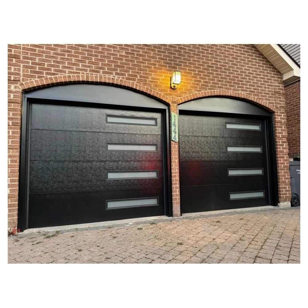 Customization Modern Black Metal Garage Door With Horizontal Frosted Glass Windows And Built In Wall Light Garage Door