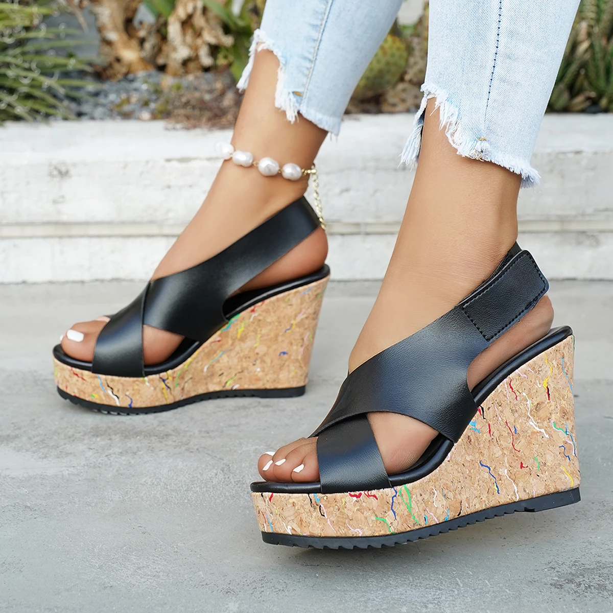 Women Wedge Sandals Open Toe Thick Soled Platform Casual Sandals Ankle Strap Slingback Sandals Solid Zapatos De Mujer
