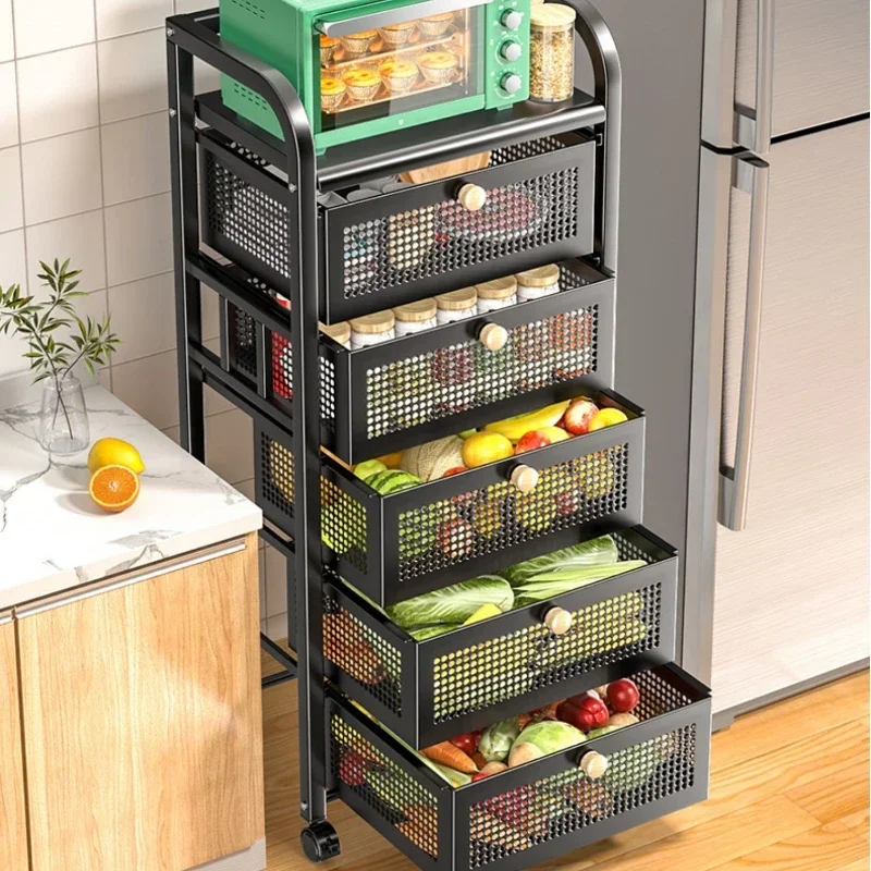 Floor-to-Ceiling Kitchen Trolley with Basket Pull-Out Layered Storage Multi-tier Rack for Kitchen Organization Rolling Cart