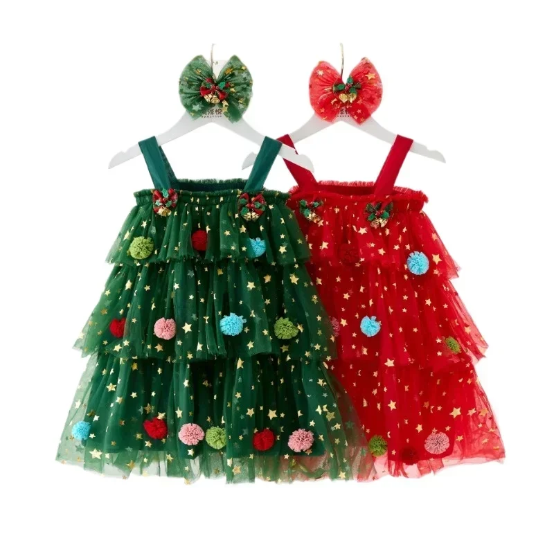 New Christmas Children's Holiday Dress Stars Moon Princess Cake Dresses Mesh Fluffy Suspender Dress Christmas Hairpin 1-6Y