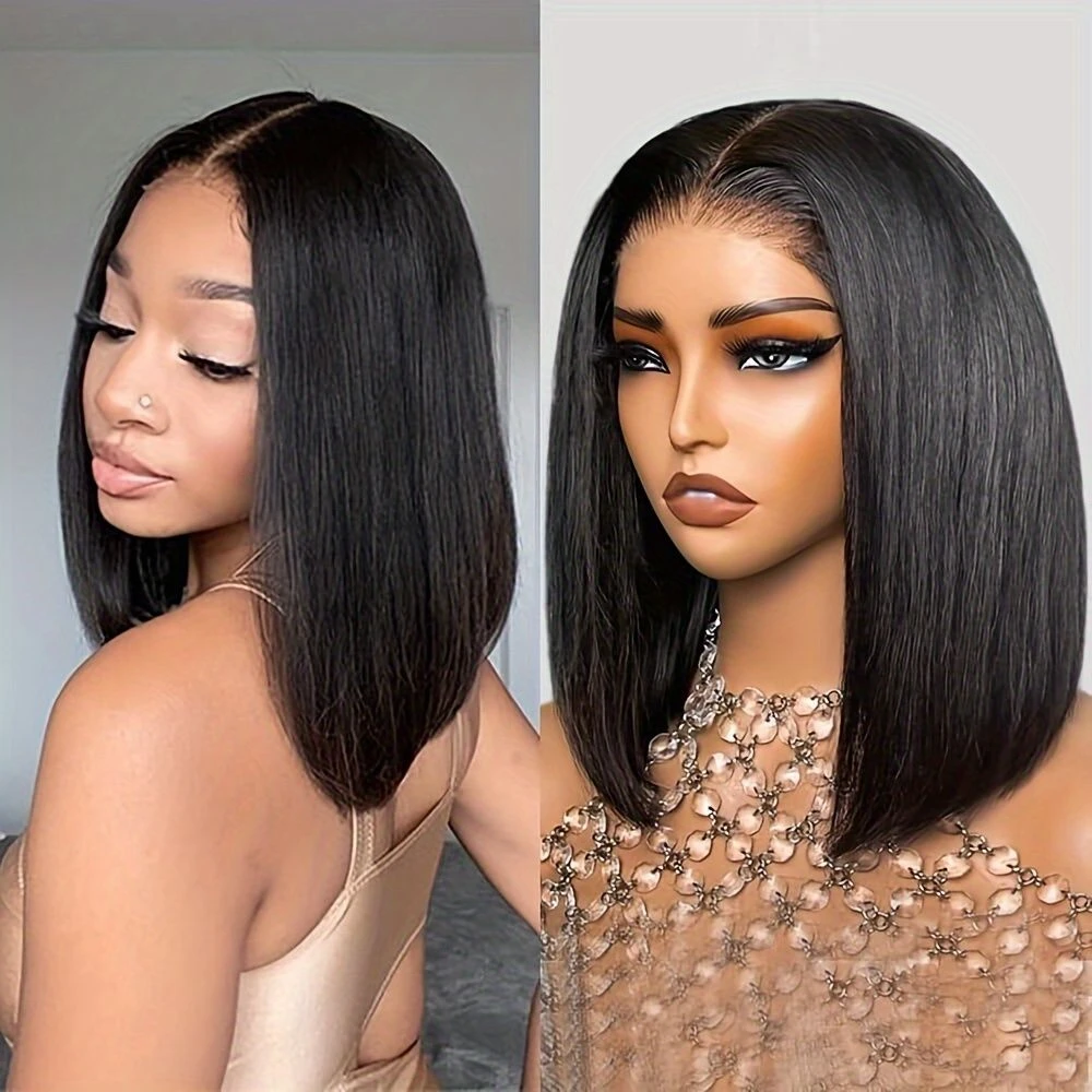 200% Wig Bob pendek lurus tulang Brasil 13x4 rambut manusia renda depan HD Wig Bob renda transparan untuk WANITA HITAM