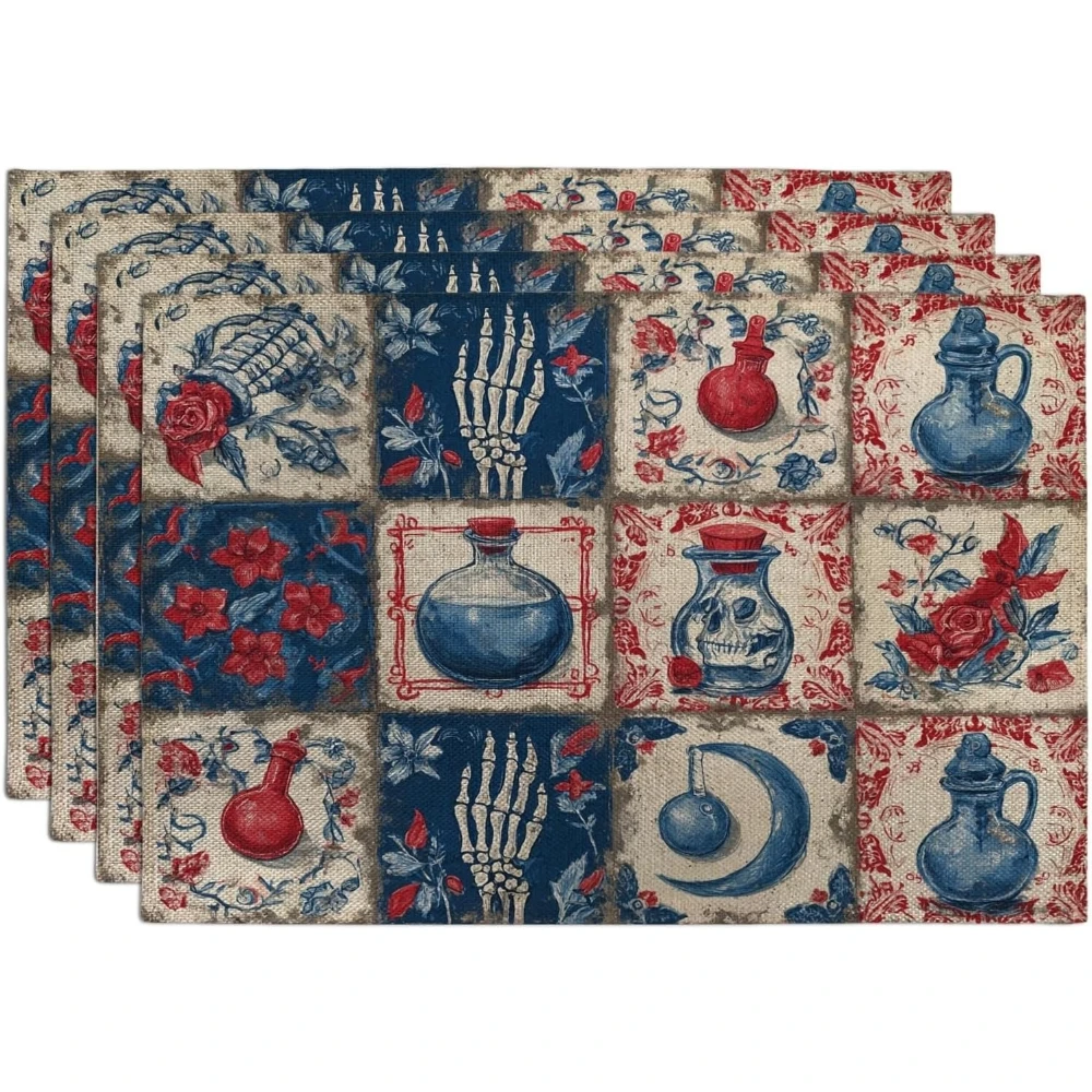 Vintage Red Blue Floral Placemats, Rustic Country Decorative Place mats for Dining Table, Non-Slip Washable Indoor Gathering