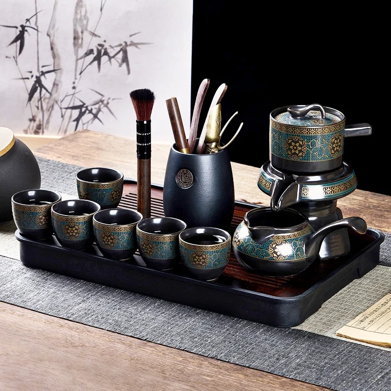 High-end Chinese Tea Set Ceramic Kungfu Tea Set Semi-automatic Rotating Set Water for Tea Making Ceramic Teacup Business Gifts