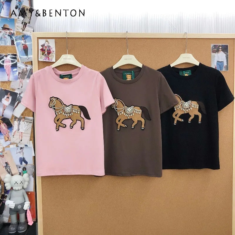 

New Trendy Fashion Casual T-shirt Heavy Beading Horse Year Patch Embroidery Loose Versatile Pullover Short Sleeved Tshirts Top