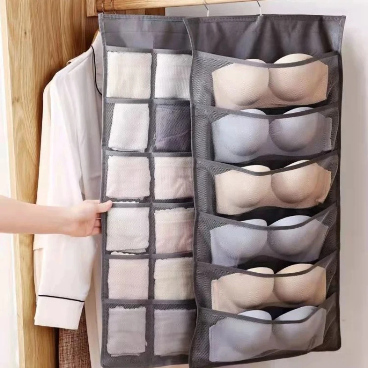 Folding Clothing Organizer with Transparent Non-Woven Double-Sided Bra, Socks, and Underwear Hanging Wardrobe Bags