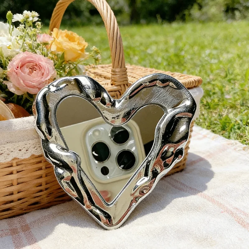 

Mobile Phone Holder Stand INS Korea Silver Heart Grip Tok Mirror Luxurious Finger Holder Griptok Mobile Stand For iPhone Samsung