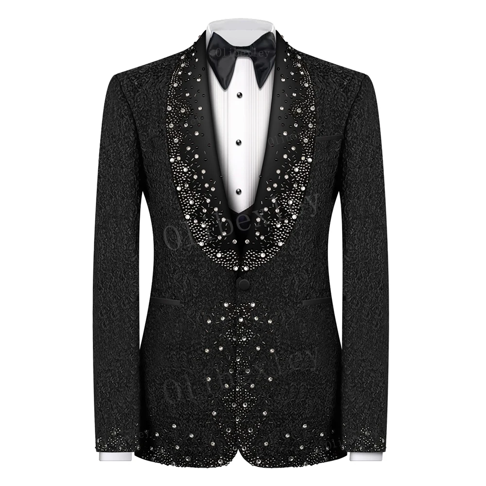 B35 Luxury Black Men Suits Set 2 Piece Blazer Pants Crystals Custom Made Jacket Groom Wedding Tuxedo Party Prom Suits