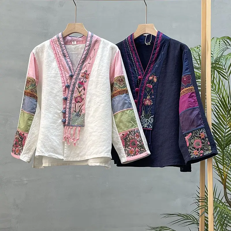 2023 chinese spring women retro national style long sleeve V-neck patchwork color design disc buckle tassel embroidery linen top