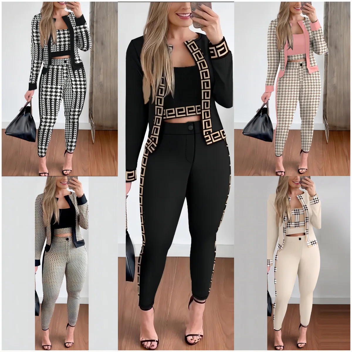 Three-piece Set For Women In Spring  Autumn Fashion Plaid Contrasting Vest Long-sleeved Cardigan Jacket Tights Suit