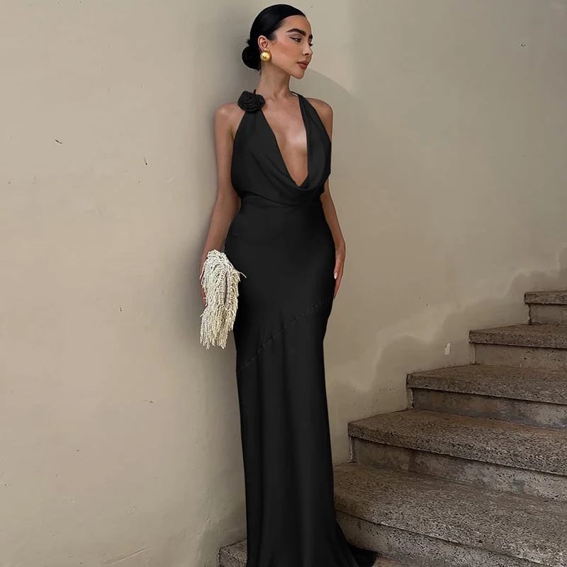 DGLUKE Halter Cowl คอซาตินชุดยาวผู้หญิงเซ็กซี่ Backless Draped Maxi ชุดหรูหราชุดราตรีชุด