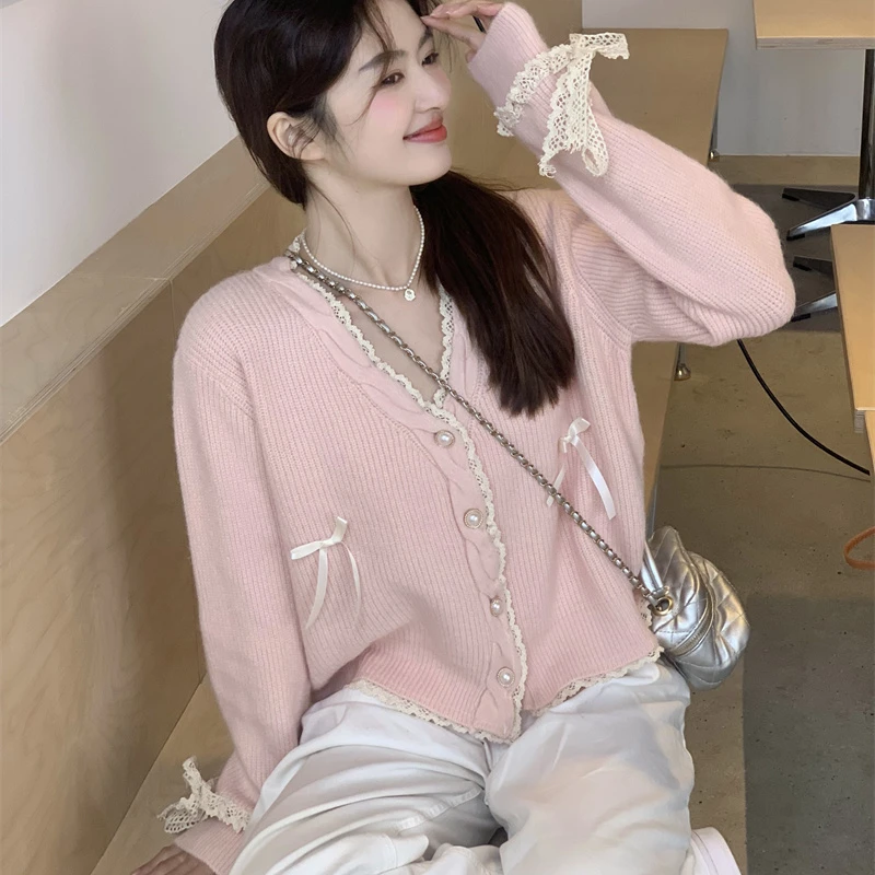 Matakawa Pink Cardigans Bows V Neck Korean Fashion Autumn Winter Solid Sweet Women Sweaters Lace Patchwork Cute Sueteres