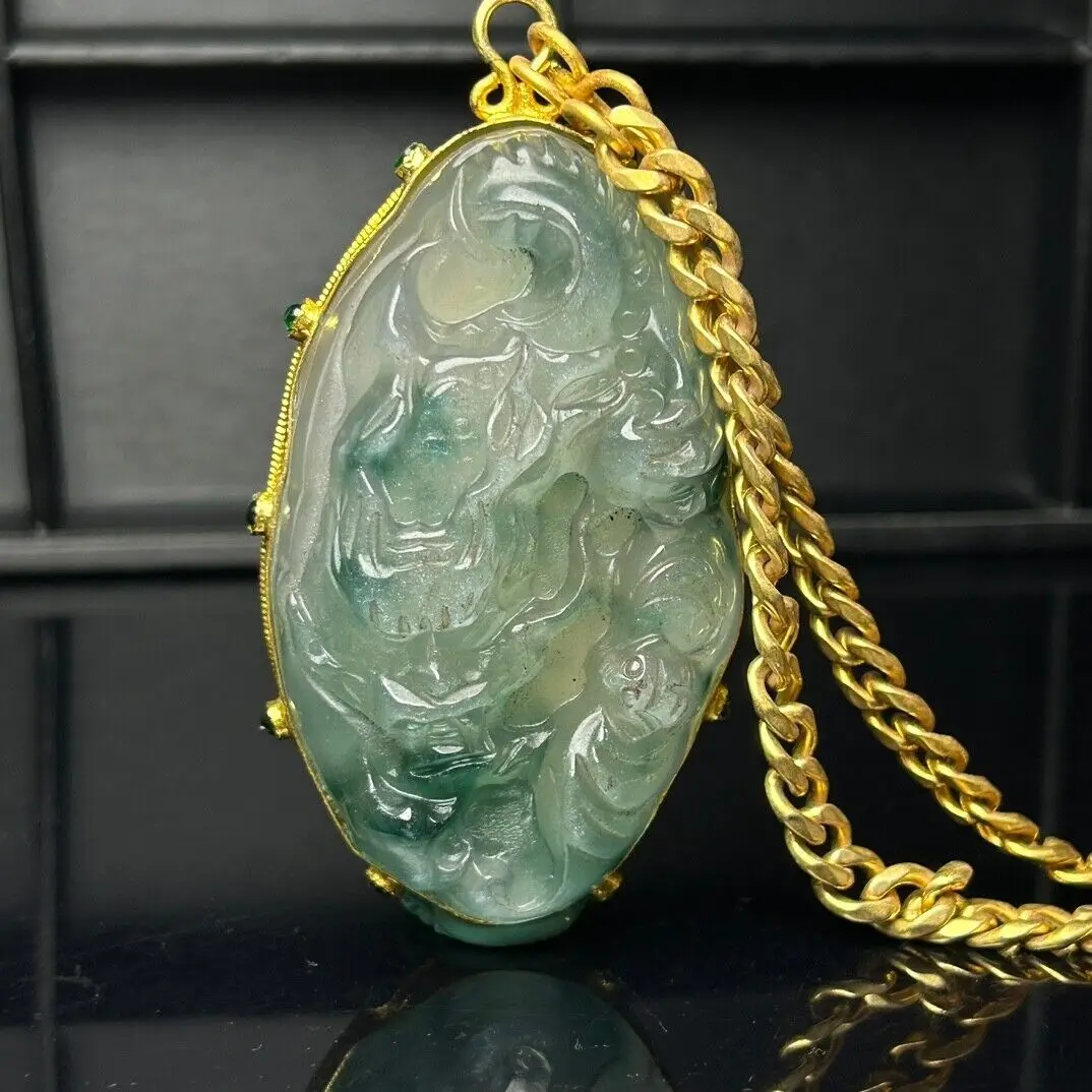 Certified Nature inlay ice Green jade Jadeite Carved Dragon Pendant&Necklaces imperial tablet to which students and officials we