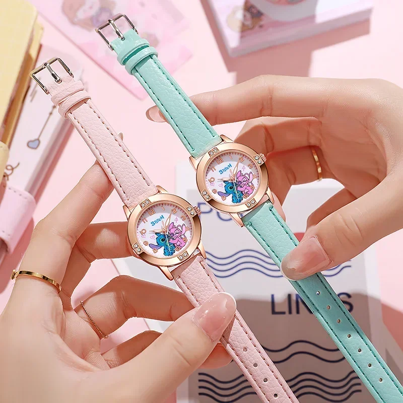 MINISO Disney Children's Watches Cute Cartoon Stitch Imitation Diamond Belt Student Quartz Watch Simple and Exquisite Gift