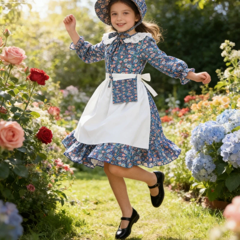 

Carnival Girls Party Dress Pioneer Prairie Dress With Apron Bonnet And Bag 4Pcs Sets Girls Medieval Vinatge Pastoral Style Gown