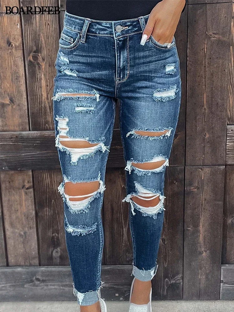 

Women Stretch Ripped Jeans Elastic Frayed Raw Hem Distressed Denim Pants Skinny Plaid Patch Patchwork Long Jeans Ladies Trousers