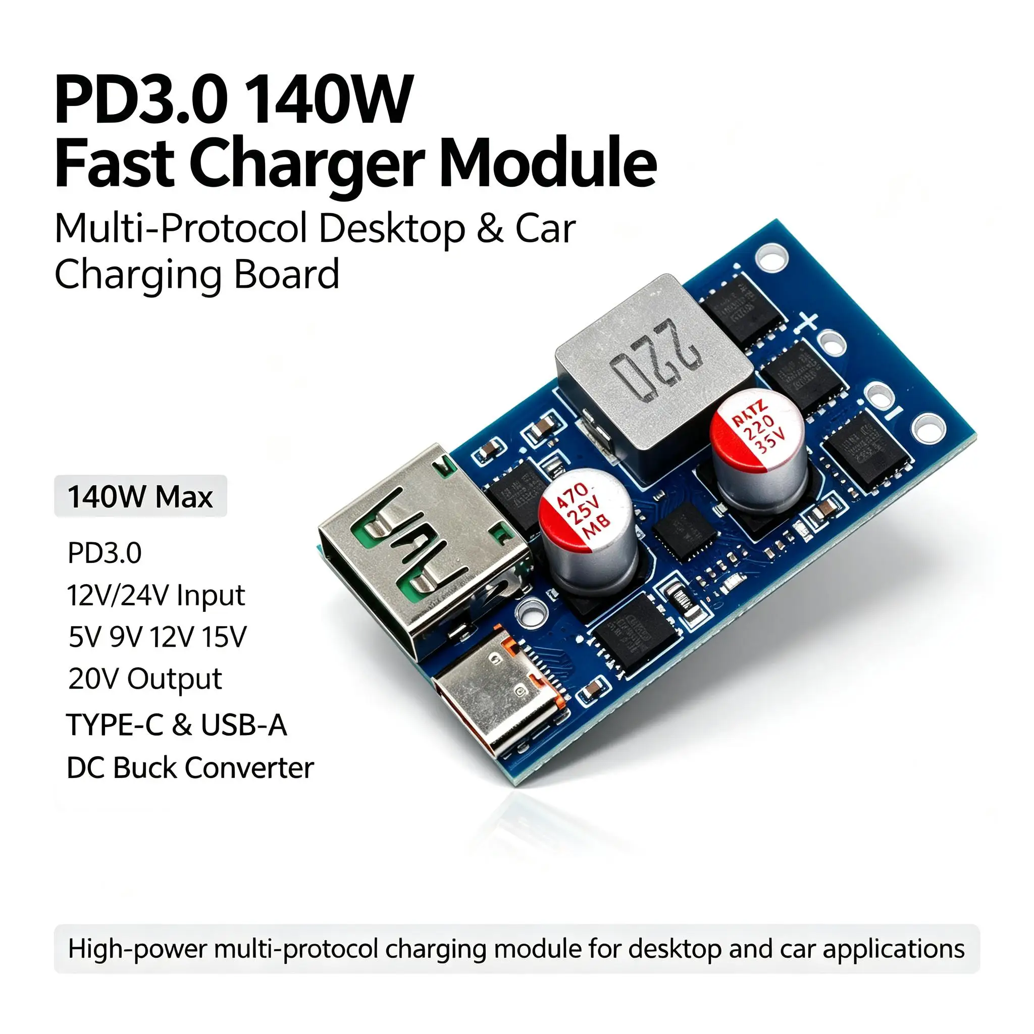 DYKB 140W PD3.0 Fast Charger Module Desktop Car Charging Multi Protocol 12V 24V TO 5V 9V 12V 15V 20V TypeC USB DC Buck Converter