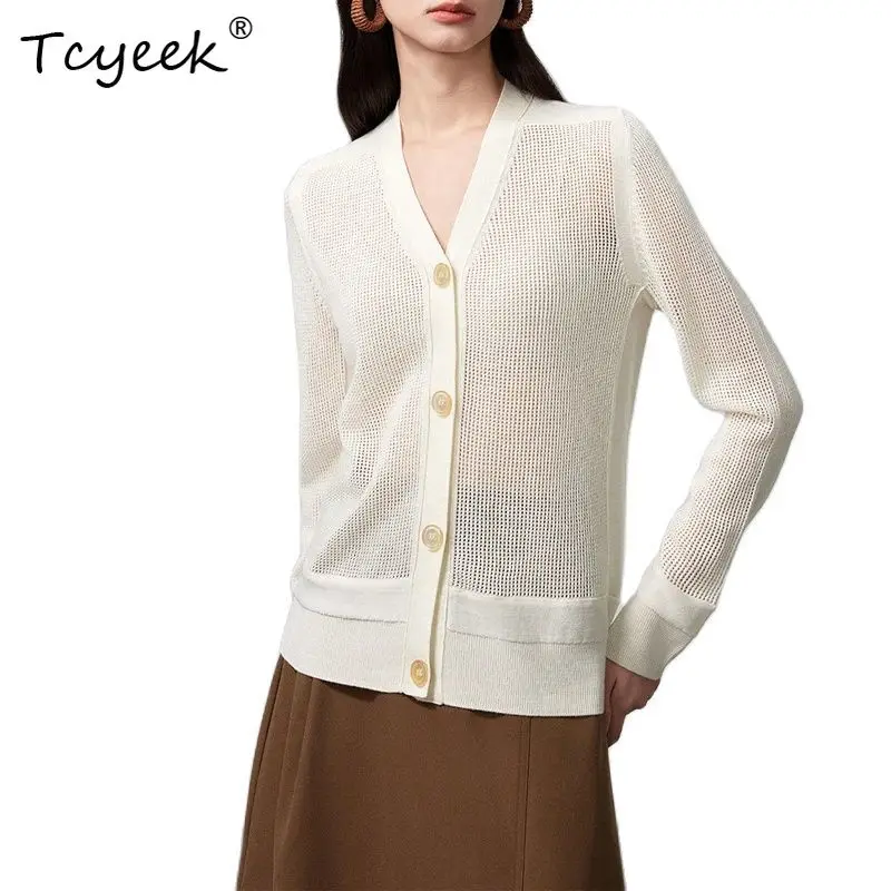 

Tcyeek, 100%Merino Wool Elegant Cardigans, Women Long Sleeve Hollow Out, Loose Commute Sweater, 2024 Autumn Winter T48033QC