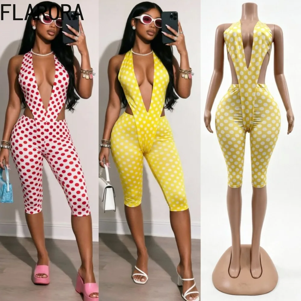 

FLARORA Sexy Polka Dot Print 2 Piece Sets Woman Hollow Deep V-neck Sleeveless Bodysuits +Skinny Knee Length Pants Party Clubwear