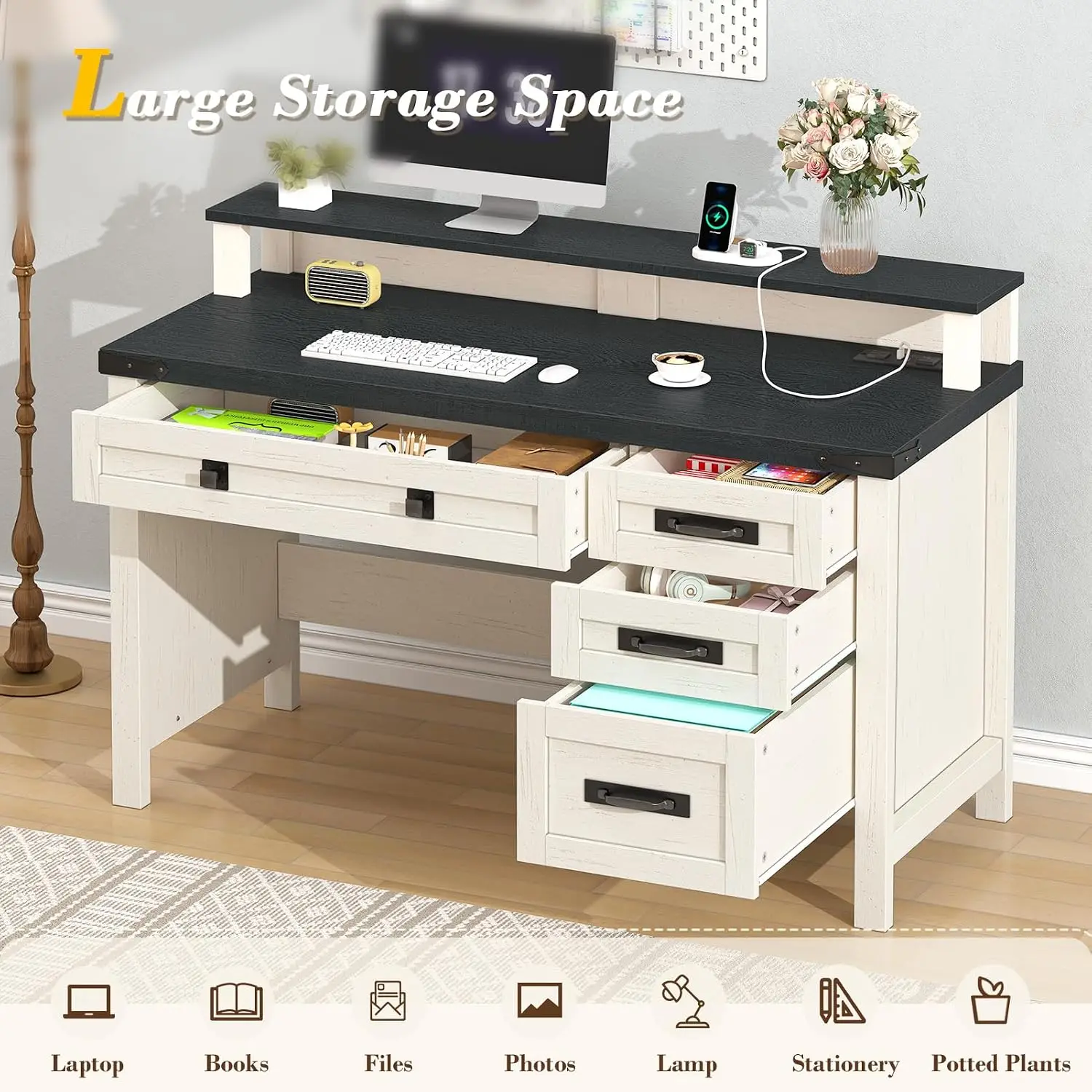Executive Desk with Power Outlets, Home Office Desk with Monitor Stand, Small Desk Writing Study Table, Black and White
