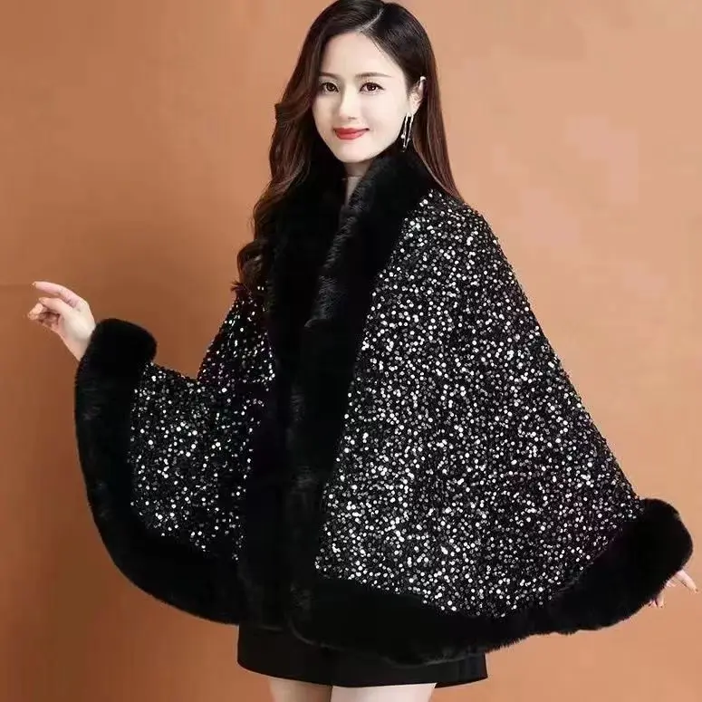 Fashion Shiny Paillette Faux Rex Rabbit Fur Cape Coat Winter Thicken Lining Warm Party Dress Cloak Shawl Women Wraps New