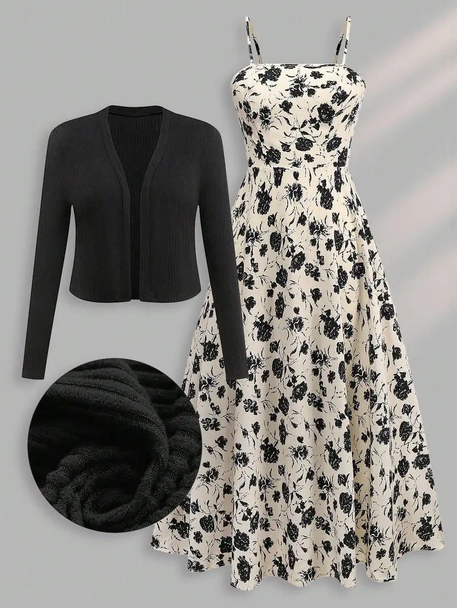 

Black Knit Cardigan & Floral Print Spaghetti Strap Dress Set, Cinched Waist, Flared Skirt