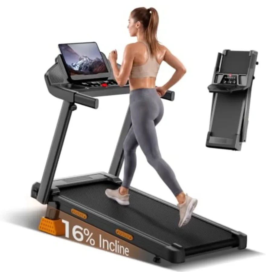 Home use treadmill with 16 incline, steel frame, black finish, triple LED display for speed/incline/time
