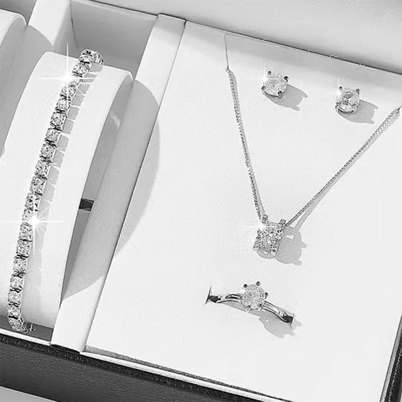 (.) 5Pcs Elegant Crystal Jewelry Sets Women Necklace Earrings Ring Bracelet Princess Jewelry Bridal Wedding Valentine's Day