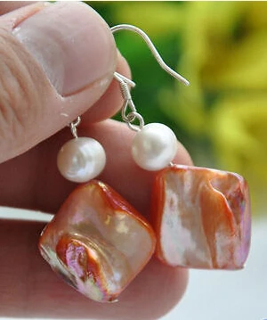 

15MM orange square shell white round pearl DANGLE EARRING