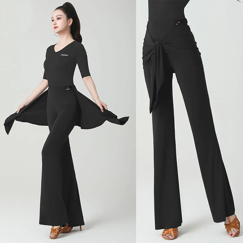 

Lady Latin Dance Pants High Waist National Standard Dance Pants Fake Two Pieces Hip Wrap Pant Ballroom Latin Tango Practice