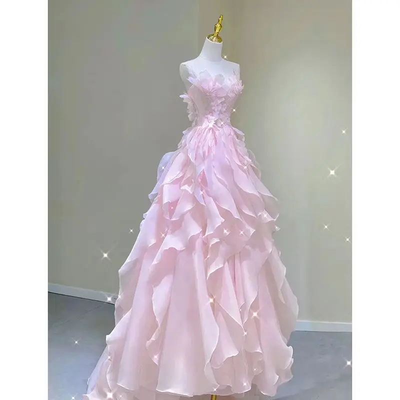 

Temperament Pink Evening Dress Women Luxury Elegant Ruffles Fairy Birthday Prom Gown Exquisite Sleeveless Bride Banquet Vestido