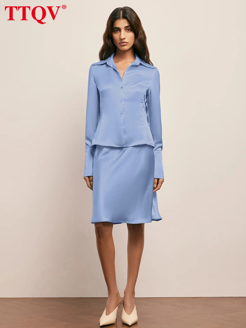 TTQV Fashion Loose Blue Satin Women's 2-Piece Sets 2026 Elegant Long Sleeve Shirt With High Waist Mini Skirt Set Female Clothing