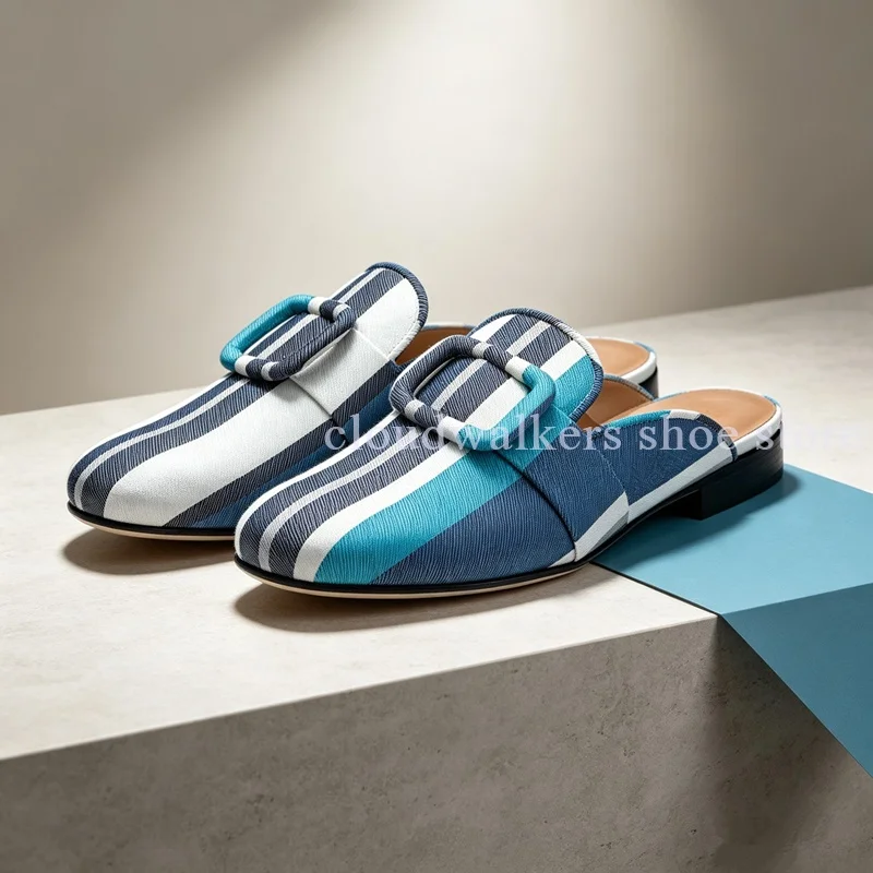 Men Retro Striped Fabric Backless Mule Loafers Fabric Square Buckle Decor Slip On Half Slippers Daily Vacation Street Footwear
