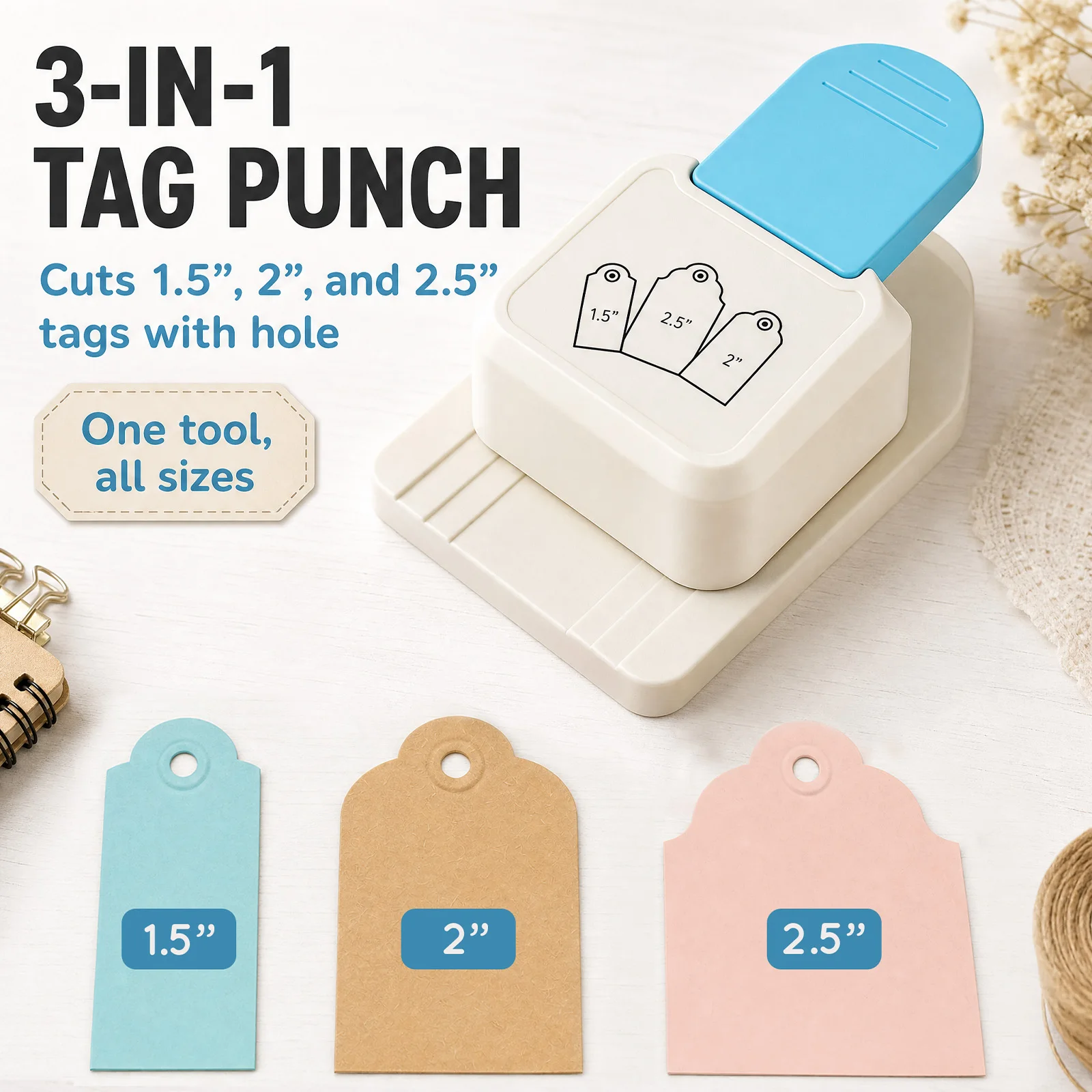 3 In 1 Tag Punch 3 Sizes Craft Corner Hole Puncher Precise Cutting Manual Tag Tab Making Puncher for Paper Craft Scrapbooking