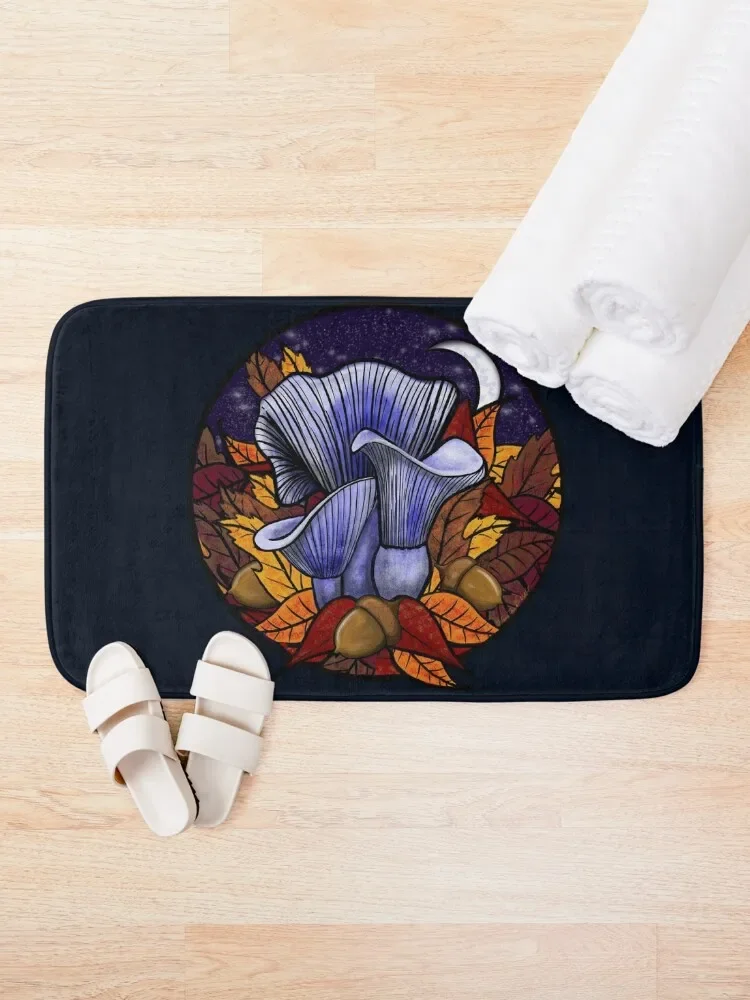 Indigo Milk Cap Mushrooms Nestled in the Fall Leaves Bath Mat Carpet For Bath Bedroom Carpet Mat