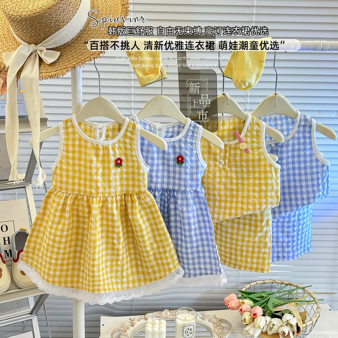 Mädchen Kleid Sommer Neue Stil Süße Mädchen Plaid Rock Koreanische Version Baby Mädchen Kleid Jungen und Mädchen Weste Shorts Anzug Loungewear