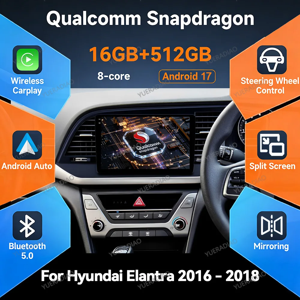 Android 17 Car Radio For Hyundai Elantra 6 2015 2016 2017 2018 Qualcomm BT Multimedia Video Player QLED 2DIN Head Unit 4G WIFI