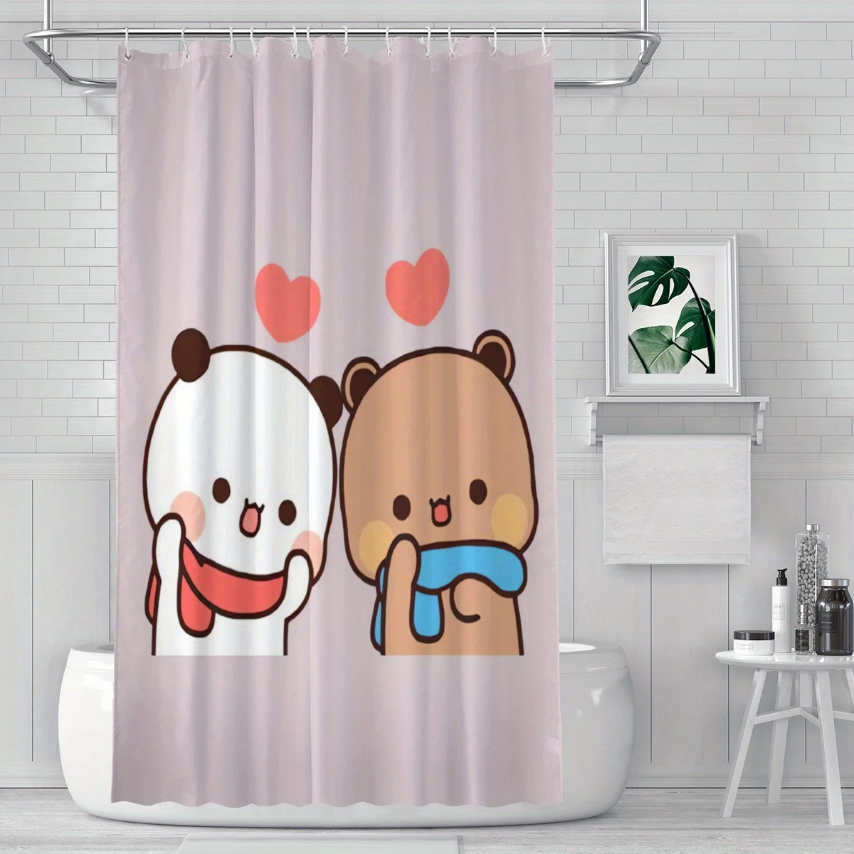 Cute Cartoon Bear Shower Curtain, Pink Love Heart Bathroom Decor Waterproof Polyester Fabric Bath Screen Modern Home Accessories